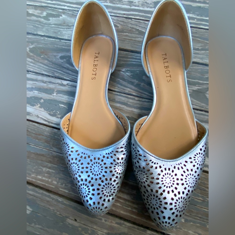 Talbots silver perforated slip-on flats.   Size 7 1/2.